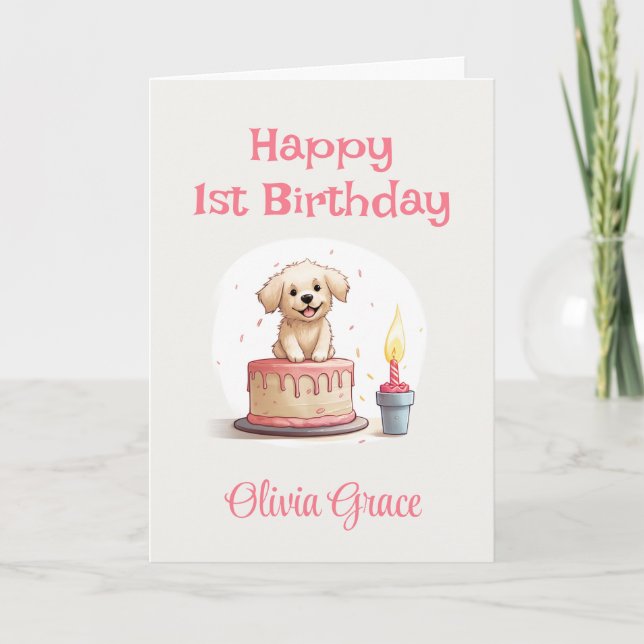 Tarjeta Feliz 1er cumpleaños con nombre, amor de cachorro (Anverso)