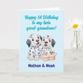Tarjeta Feliz 1er Cumpleaños Gemelos Bisnietos, Cachorros