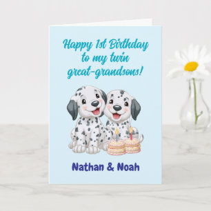 Tarjeta Feliz 1er Cumpleaños Gemelos Bisnietos, Cachorros 