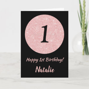Tarjeta Feliz 1er Cumpleaños Negro y Rosa Glitter