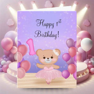 Tarjeta Feliz 1er Cumpleaños Osito Bailarina en el Escenar