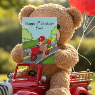 Tarjeta Feliz 1er Cumpleaños Oso de Peluche en Camión de B
