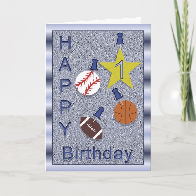 Tarjeta Feliz 1er cumpleaños tema de deportes (Anverso)
