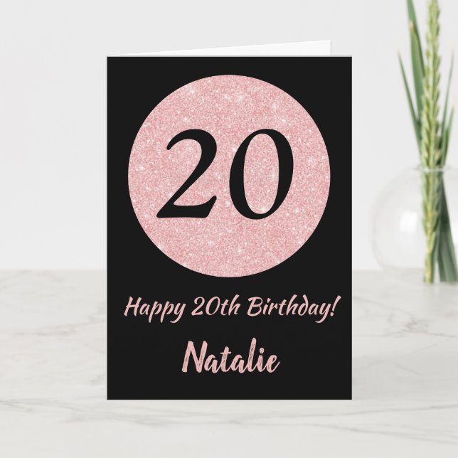 Tarjeta Feliz 20 cumpleaños oro negro y rosado Rosa (Anverso)