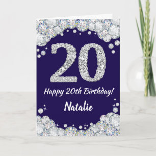 Tarjeta Feliz 20 cumpleaños Purpurina azul y plateado de l