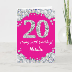 Tarjeta Feliz 20 cumpleaños, Purpurina de Plata y Rosa Cal