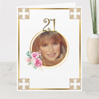 Tarjeta Feliz 21 cumpleaños foto cruz de oro flor rosa