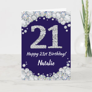 Tarjeta Feliz 21 cumpleaños Purpurina azul y plateado de l