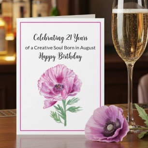Tarjeta Feliz 21 de Agosto, cumpleaños, morada amapola