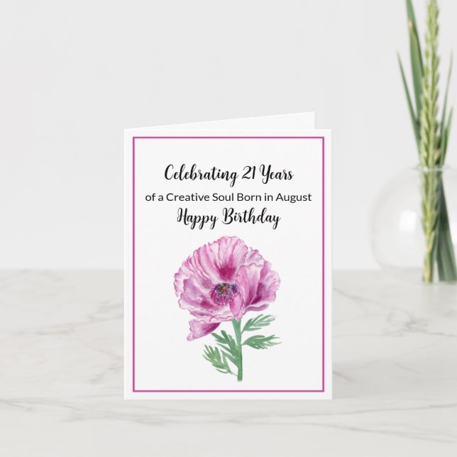 Tarjeta Feliz 21 de Agosto, cumpleaños, morada amapola (Anverso)