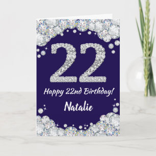 Tarjeta Feliz 22.º cumpleaños Purpurina azul y plateado de