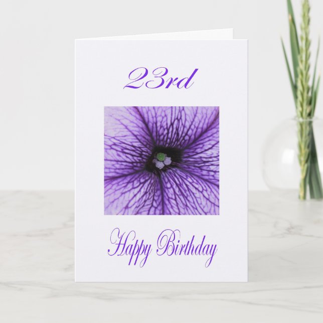 Tarjeta Feliz 23 aniversario morado florecimiento (Anverso)