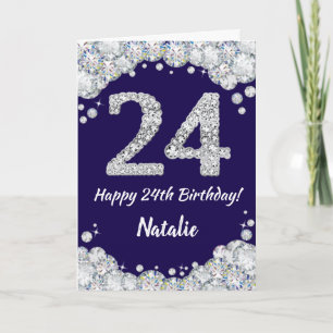 Tarjeta Feliz 24 cumpleaños Purpurina azul y plateado de l