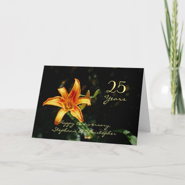 Tarjeta Feliz 25° aniversario Naranja Lily del Día Amarill (Anverso)