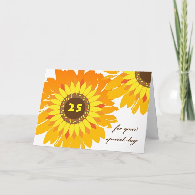 Tarjeta Feliz 25 cumpleaños, diseño floral de Sunflowers (Anverso)