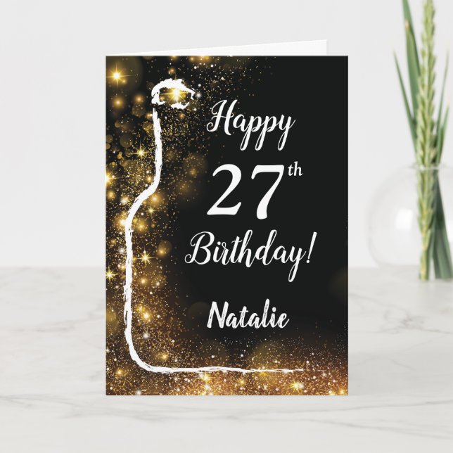 Tarjeta Feliz 27 cumpleaños Purpurina de oro y negro (Anverso)