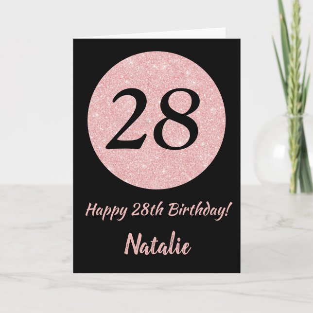 Tarjeta Feliz 28 cumpleaños oro negro y rosado Rosa (Anverso)