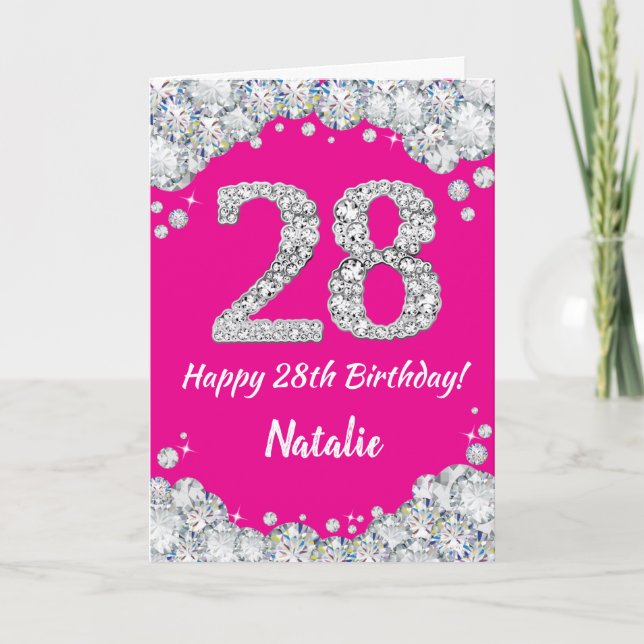 Tarjeta Feliz 28 cumpleaños, Purpurina de Plata y Rosa Cal (Anverso)