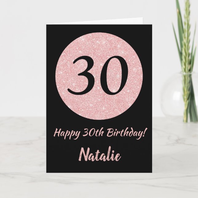Tarjeta Feliz 30 aniversario de oro negro y rosado Rosa (Anverso)