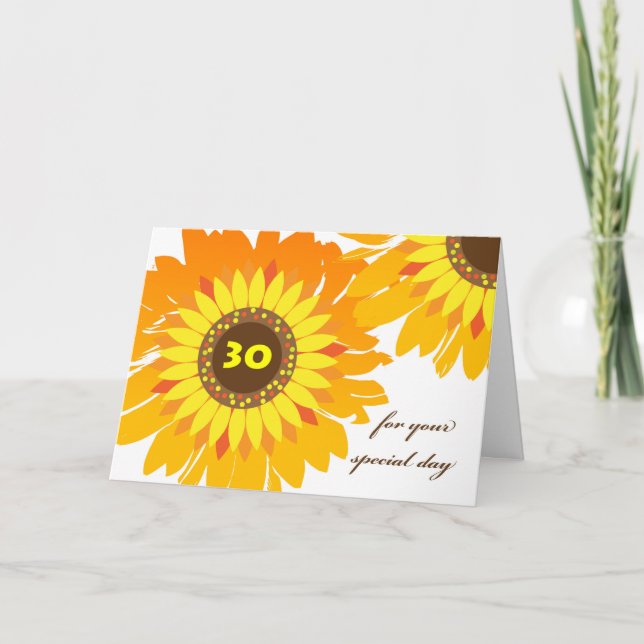 Tarjeta Feliz 30 cumpleaños, diseño de girasoles (Anverso)
