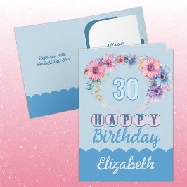 Tarjeta Feliz 30 cumpleaños nombre azul floral