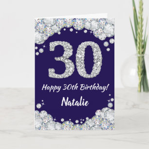 Tarjeta Feliz 30 cumpleaños Purpurina azul y plateado de l