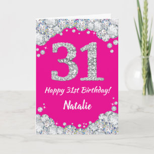 Tarjeta Feliz 31º cumpleaños Purpurina Plata Rosada Calien