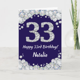 Tarjeta Feliz 33 cumpleaños Purpurina azul y plateado de l