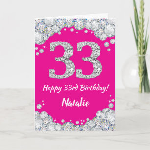 Tarjeta Feliz 33 cumpleaños Purpurina Plata Rosada Calient