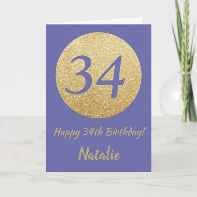 Tarjeta Feliz 34 cumpleaños muy peri y Purpurina de oro (Anverso)