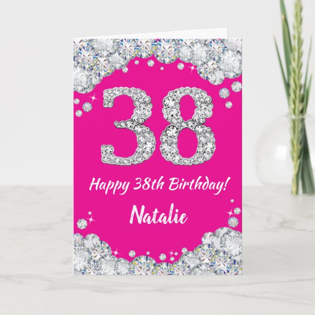 Tarjeta Feliz 38 cumpleaños, Purpurina de Plata y Rosa Cal (Anverso)
