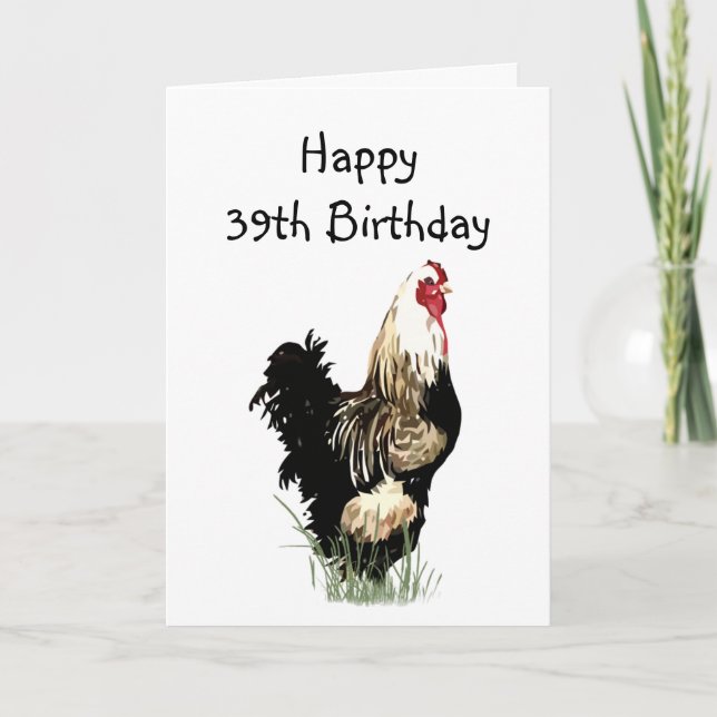 Tarjeta Feliz 39 cumpleaños, humor de pollo en primavera (Anverso)