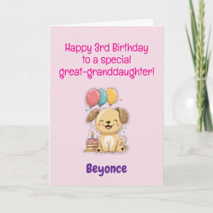 Tarjeta Feliz 3er cumpleaños bisnieta, cachorro adorable