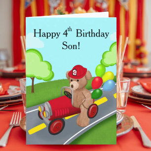 Tarjeta Feliz 4º Cumpleaños Oso de Peluche Camión de Bombe