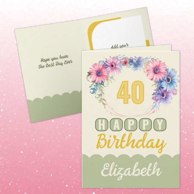 Tarjeta Feliz 40 cumpleaños nombre amarillo floral (Subido por el creador)