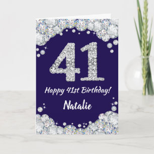 Tarjeta Feliz 41 cumpleaños Purpurina azul y plateado de l