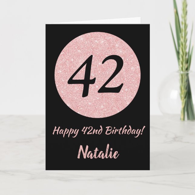 Tarjeta Feliz 42º cumpleaños oro negro y rosado Rosa (Anverso)