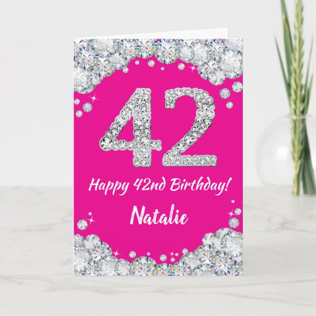 Tarjeta Feliz 42° cumpleaños, Purpurina de Plata y Rosa Ca (Anverso)