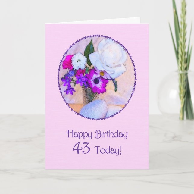 Tarjeta Feliz 43° cumpleaños con un cuadro de flores (Anverso)
