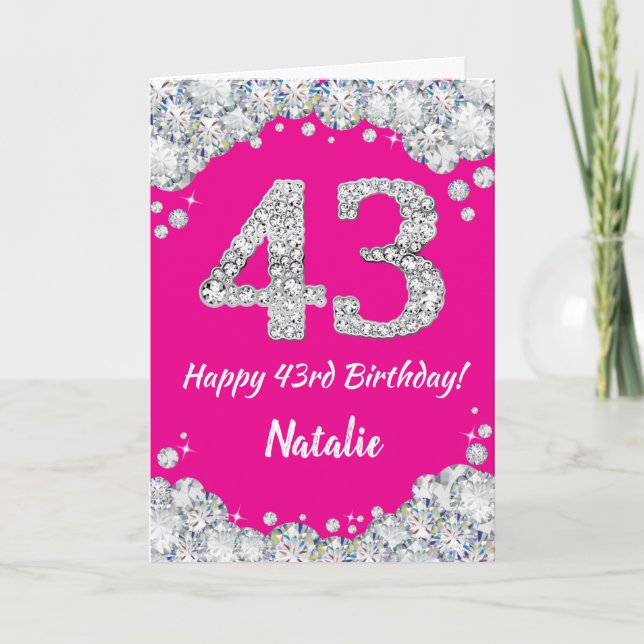 Tarjeta Feliz 43 cumpleaños, Purpurina de Plata y Rosa Cal (Anverso)