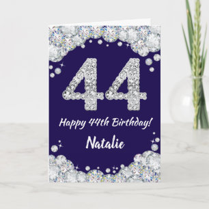 Tarjeta Feliz 44º cumpleaños Purpurina azul y plateado de