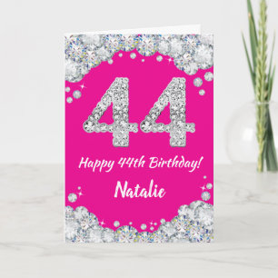 Tarjeta Feliz 44º cumpleaños Purpurina de Plata y Rosa Cal