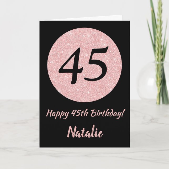 Tarjeta Feliz 45º cumpleaños oro negro y rosado Rosa (Anverso)