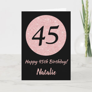 Tarjeta Feliz 45º cumpleaños oro negro y rosado Rosa