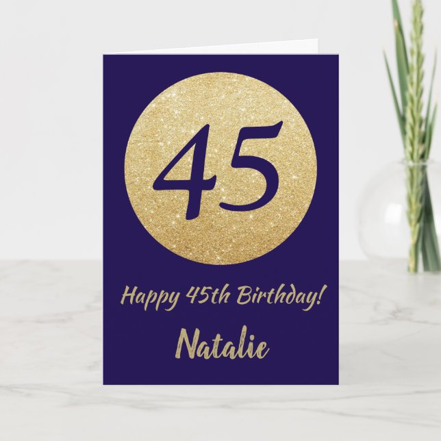 Tarjeta Feliz 45 cumpleaños, Purpurina azul y oro de la ma (Anverso)
