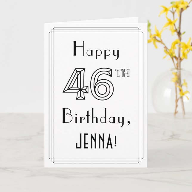 Tarjeta Feliz 46º cumpleaños, estilo Art Deco con nombre p (flor amarilla)