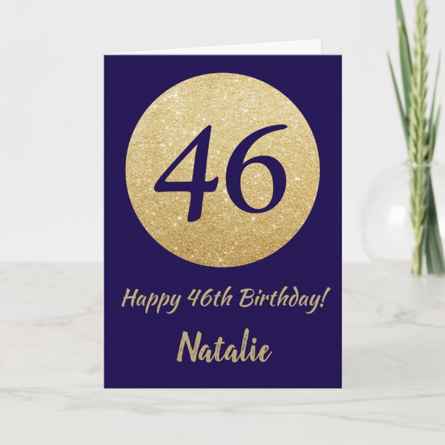 Tarjeta Feliz 46º cumpleaños Purpurina azul y oro de la Ma (Anverso)
