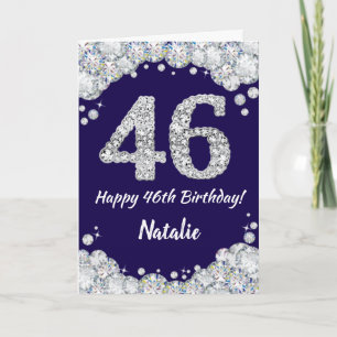 Tarjeta Feliz 46º cumpleaños Purpurina azul y plateado de