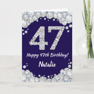 Tarjeta Feliz 47 cumpleaños Purpurina azul y plateado de l