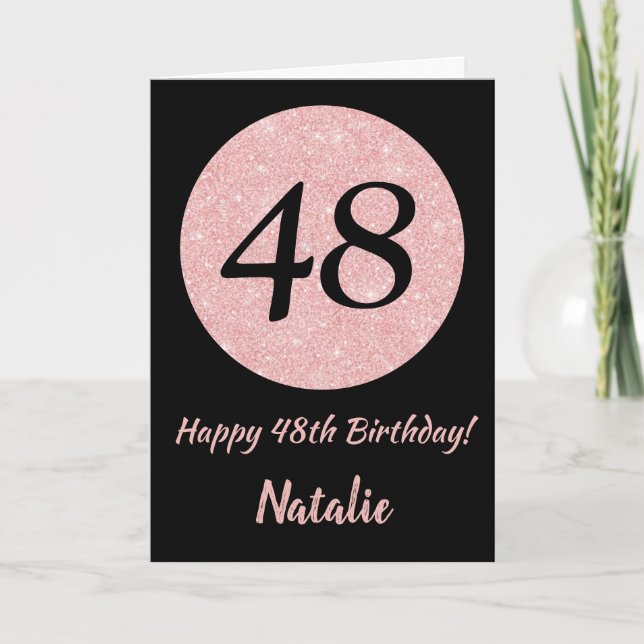 Tarjeta Feliz 48º cumpleaños oro negro y rosado Rosa (Anverso)